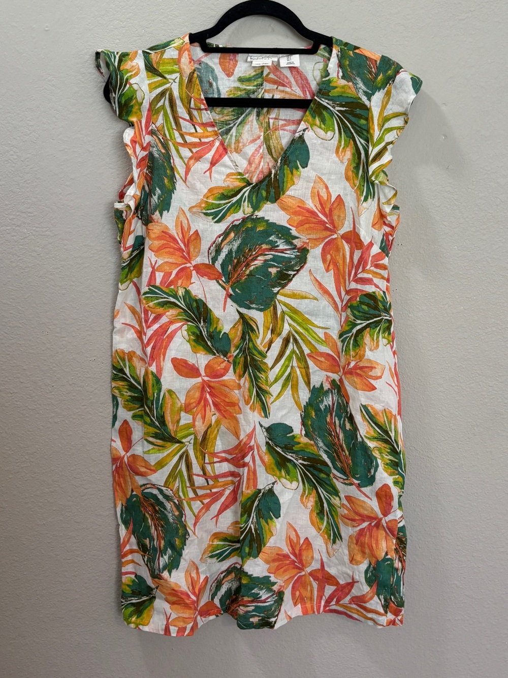 Nicole Miller 100% Linen Tropical Floral Flutter Sleeve Dress Size Small